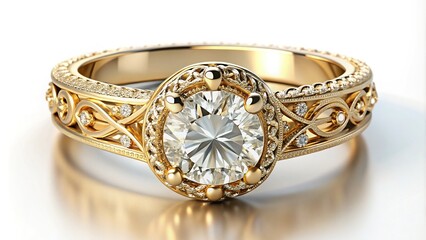 A delicate, intricately designed gold wedding ring with a sparkling diamond centerpiece, adorned with ornate filigree details, isolated on a soft white background.