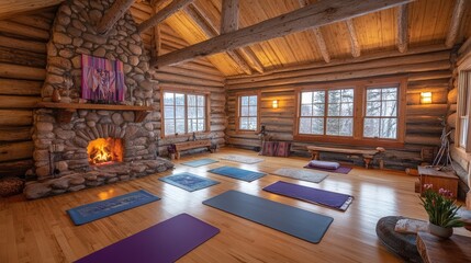 Poster - yoga practice in a cozy cabin with a stone fireplace, wooden furnishings, and comfortable mats.