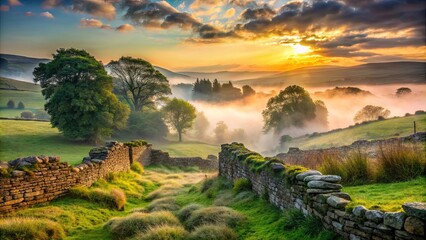 misty dawn landscape with overgrown stone walls representing transformation and renewal in a constan