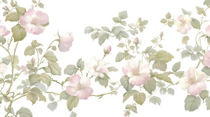 Wall Mural - A classic North American wallpaper with a repeating pattern of delicate floral garlands in soft pastel colors on a white background. The floral design is concentrated around the edges, leaving a