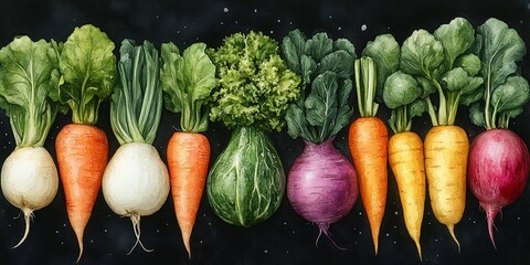 A Rainbow Harvest: Freshly picked vegetables arranged in a vibrant and colorful display on a rustic background. 