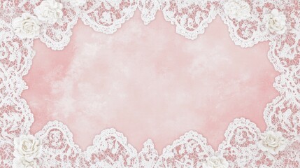 Wall Mural - A classic North American wallpaper featuring a soft, blush pink background with delicate white lace patterns along the edges. The lace forms a beautiful frame around a large blank space, providing