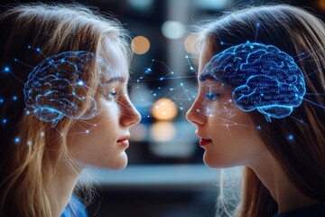 Canvas Print - Mindfulness Heart Captivating digital art of two women with glowing brain connections representing the bond of friendship shared thoughts and the mental harmony between close companions