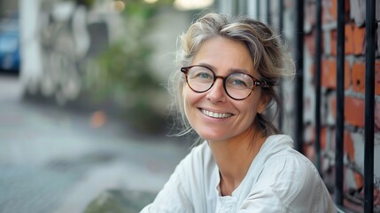 Wall Mural - A smiling woman with glasses sitting outdoors, exuding warmth and approachability.