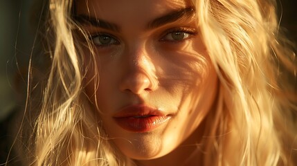 A close-up portrait of a young woman with blonde hair and striking green eyes illuminated by natural light.