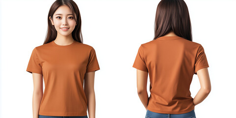 Wall Mural - Front and back view, Japanese female model wearing plain brown t-shirt, mock up, isolated on white background, Ai generated images