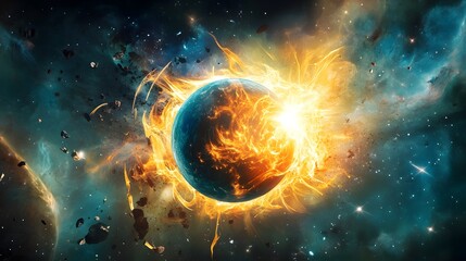 Canvas Print - Burning Planet in Space.