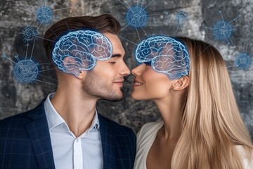 Wall Mural - Consciousness Partner Professional couple with digital brain elements symbolizing the modern integration of intelligence and technology in contemporary relationships