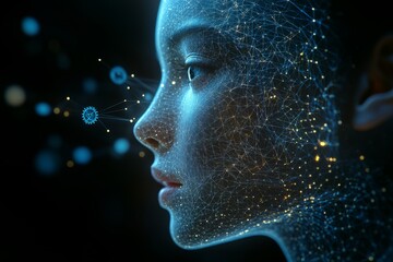 Canvas Print - Learning Partner Futuristic digital face with neural particles symbolizing the intersection of technology and human consciousness in a rapidly evolving digital era