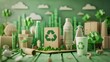 © sablengjago - A 3D rendering of a miniature paper-crafted city scene with various eco-friendly products like plastic bottles, a tube of lotion, a carton, and a paper cup.