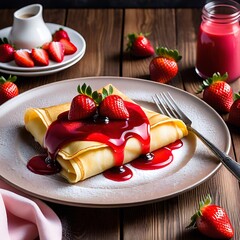 Vanilla crepe with strawberry sauce on a white plate, food photography for advertisement, food and dessert concept