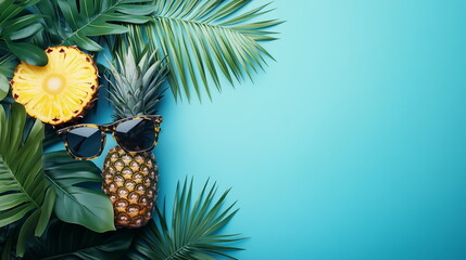 Wall Mural - pineapple and tropical palm leaves on summer background