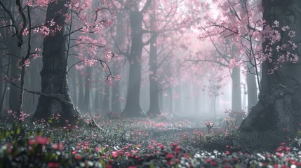 Sticker - sakura forest, light fog, deep atmosphere, ultra realism, 8k quality 