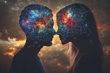 Sticker - Neuroscience Intimacy Portrait of a couple with colorful brain elements highlighting the diversity and vibrancy of thought in a dynamic relationship