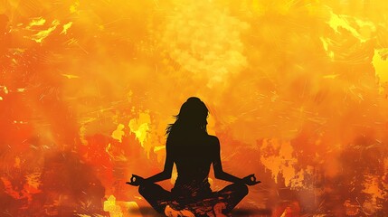 A silhouette of a person meditating against a vibrant, fiery background.