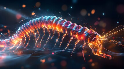 Holographic abstract interface illustration of a digital centipede in rapid motion, with vibrant, glowing outlines and blurred