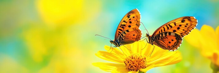 Two butterflies are sitting on a yellow flower.