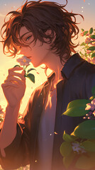 Poster - Handsome anime boy kissing flowers in flower garden background