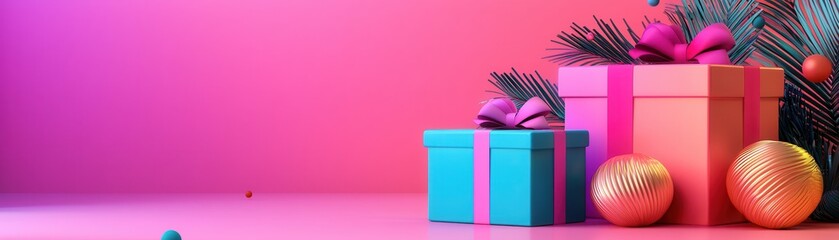 Wall Mural - Colorful Gift Boxes and Ornaments with Pink Background.