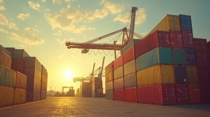 Stacks of multi-colored shipping containers in a port, with cranes in the background, illuminated by the golden hour, representing efficient global trade.