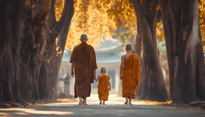  adult monks and one teen monk walking between giant bodhi trees