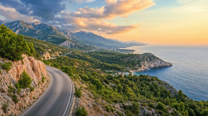 Winding asphalt road along on coast view mountain and sea at sunset