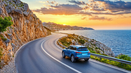 Blue SUV car is driving on a winding coastal road at sunset, with view of the mountains and the sea