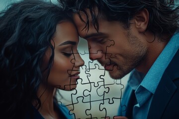 Wall Mural - Mindfulness Devotion Romantic couple with a puzzle piece connection representing the fitting together of intellect and emotion in a complex loving relationship