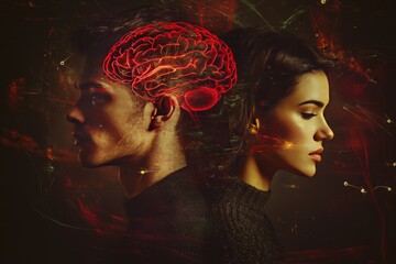 Canvas Print - Dual exposure profile of man and woman with red neural networks intertwined symbolizing interconnectedness of thoughts and emotions in a digital conceptual art style