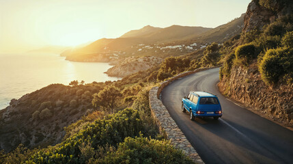 blue car is driving up a winding coastal highway at sunset background