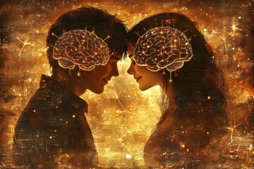 Poster - A warm golden depiction of a couple with mechanical gears for brains symbolizing the intricate machinery of thought and the connection between love and intellect