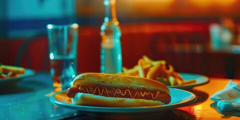 Wall Mural - Setting featuring a dish of cuisine alongside a sausage in a bun