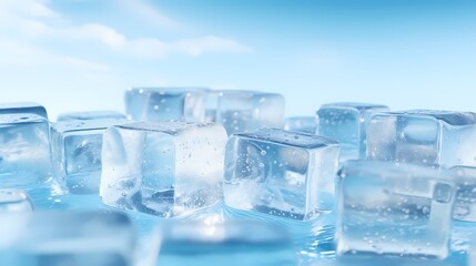 Falling ice cubes splash into clear water against a gradient blue background.