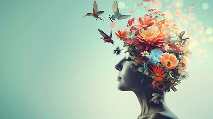 A creative portrayal of a woman's profile adorned with vibrant flowers and birds, symbolizing nature and imagination.