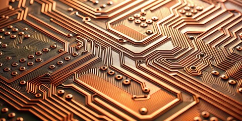 Crisp, macro shot of intricate copper pathways on a circuit board, with precise lines and geometric patterns, isolated on a pristine white background, showcasing exceptional clarity and texture.