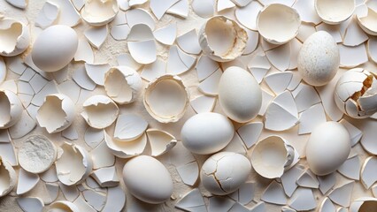 Eggshell fragments, carefully arranged on a white surface, with delicate cracks and subtle shades of white, showcasing the intricate textures and patterns of the broken shell.