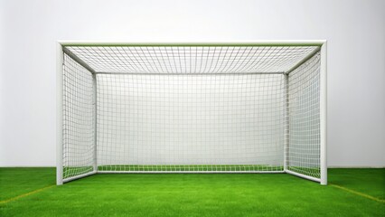 Stunning high-definition photo of a soccer goal, showcasing crisp lines, vibrant colors, and impeccable texture, set against a clean and minimalist white background.