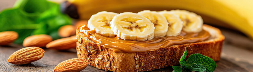 Almond butter spread on whole grain bread, topped with banana slices, brainboosting snack, healthy and satisfying