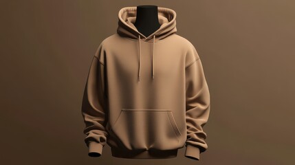 Sticker - Beige hoodie on mannequin against brown background, minimalist fashion concept
