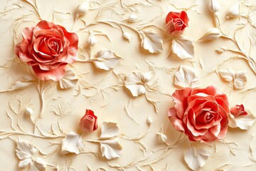 A stucco relief wall adorned with a red flower design and gold leaf borders