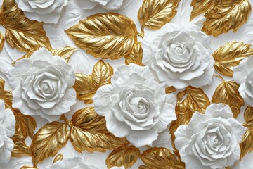 Wall Mural - Flowers arranged in gold and white with a gold leaf in the center