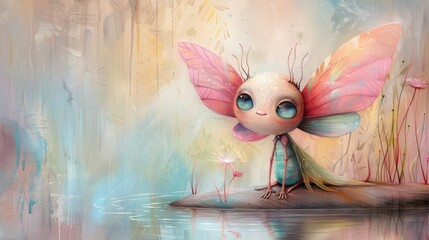 Charming fairy with magic wings, near a tranquil pond with water lilies and glittering magic dust in a whimsical fantasy background.