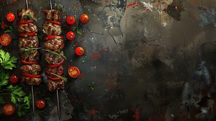 Appetizing grilled shashlik on black background for meat banner menu of cafes and restaurants