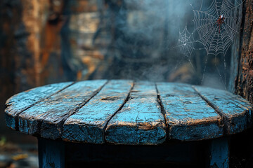 Wall Mural - Halloween holiday concept with an empty rustic table in front of a spider web background, ready for product display montage.