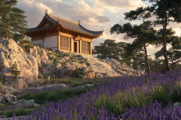 The background features a temple and a golden-silver mountain scene