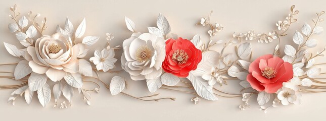 Wall Mural - A row of three flowers of different colors is displayed