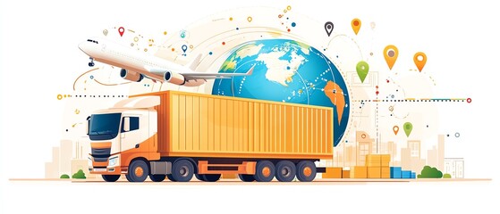 Global logistics and transportation concept with truck, airplane, and world map icons symbolizing international shipping and delivery.