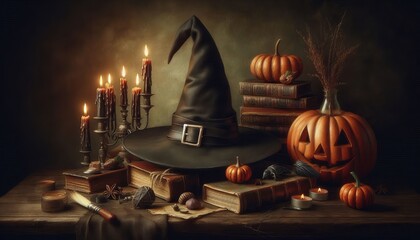 Wall Mural - still life in a Halloween theme with a pumpkin, witch hat, books and candles