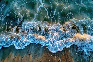 Wall Mural - aerial view of ocean waves crashing on sandy beach