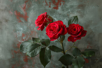 Canvas Print - Three red roses are in a vase on a wall